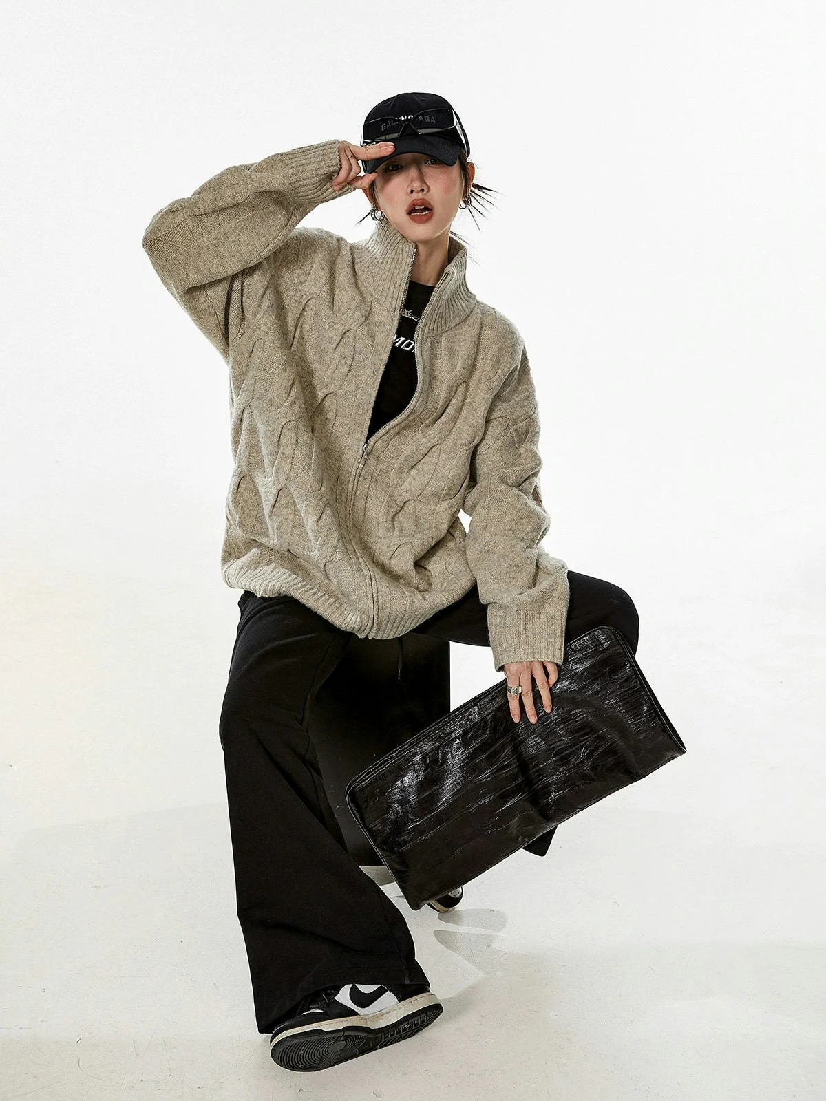 Ribbed Trim Cable Knit Pattern Zip Jacket - Image 13