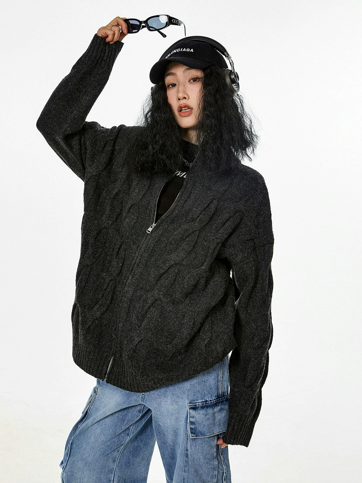 Ribbed Trim Cable Knit Pattern Zip Jacket - Image 15