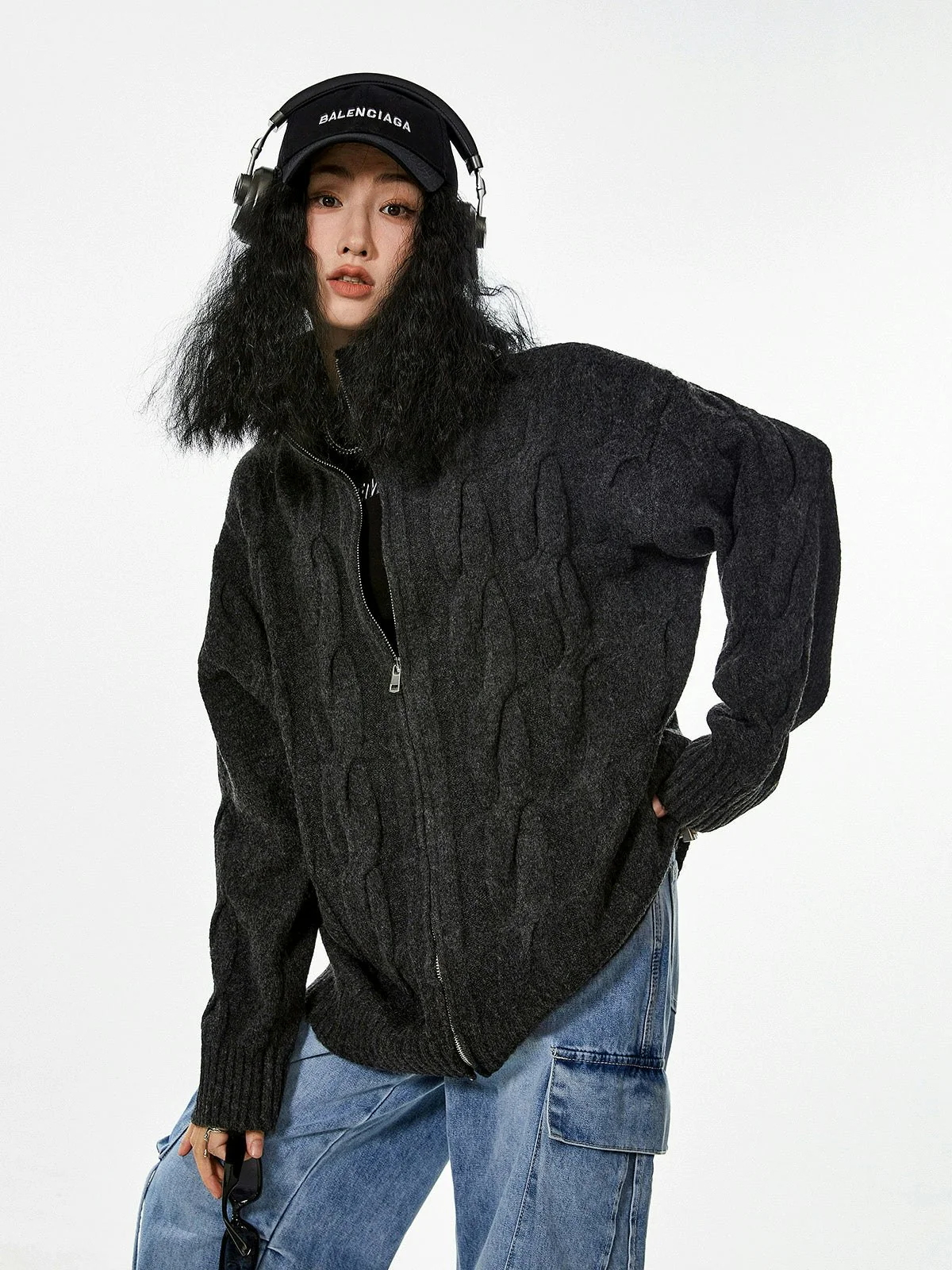 Ribbed Trim Cable Knit Pattern Zip Jacket - Image 16
