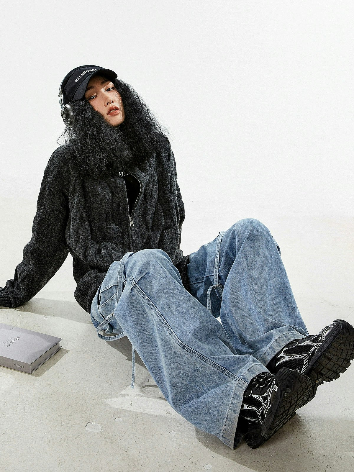 Ribbed Trim Cable Knit Pattern Zip Jacket - Image 19