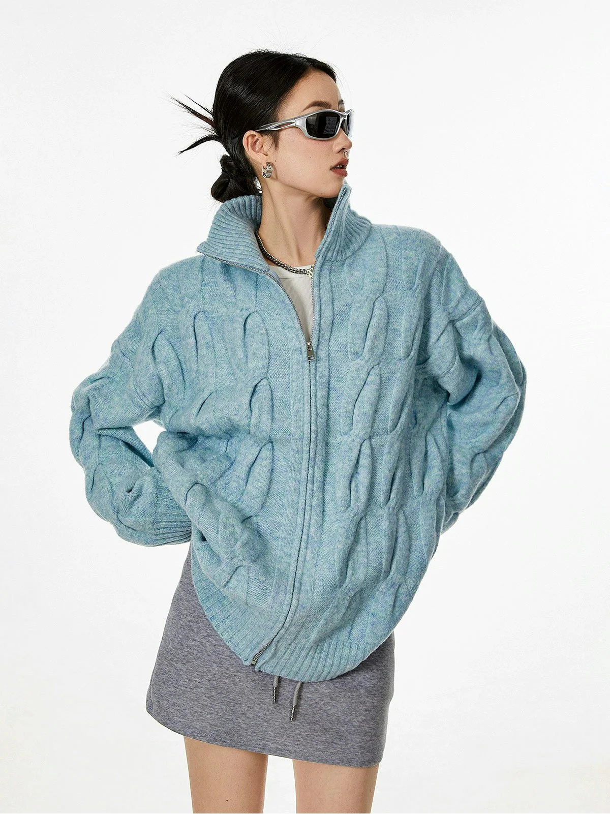 Ribbed Trim Cable Knit Pattern Zip Jacket - Image 2