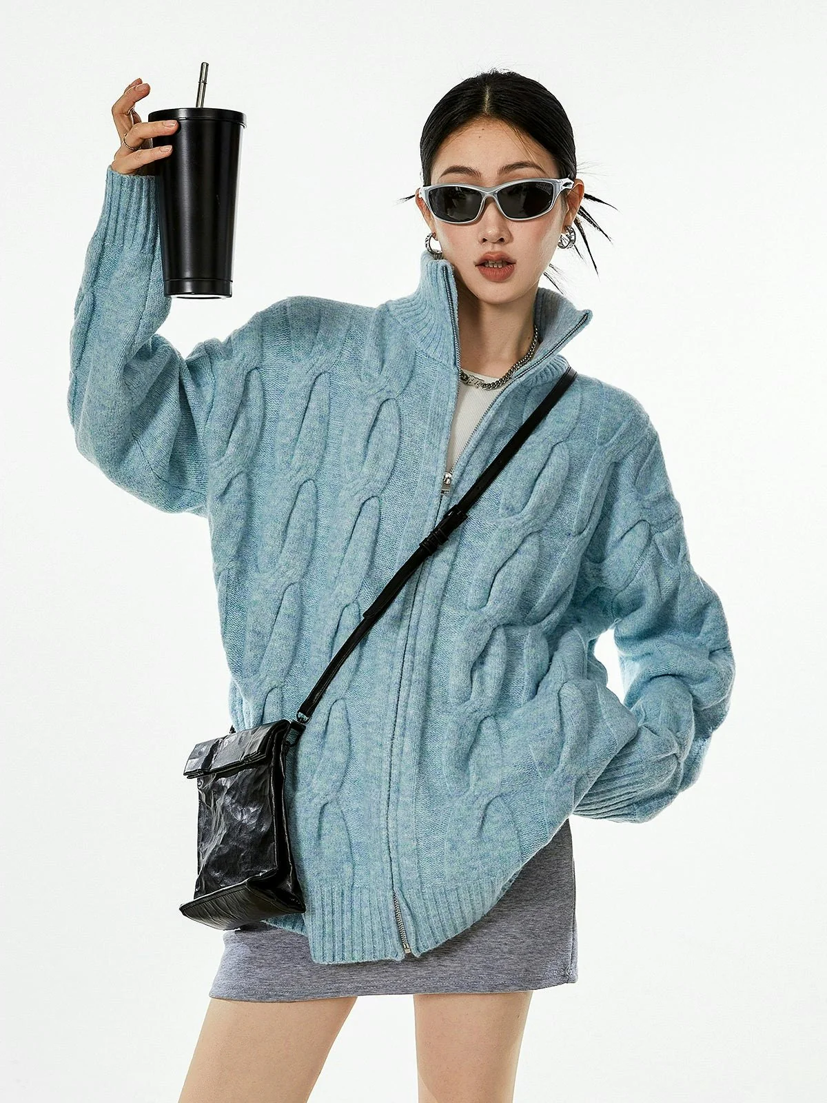 Ribbed Trim Cable Knit Pattern Zip Jacket - Image 3