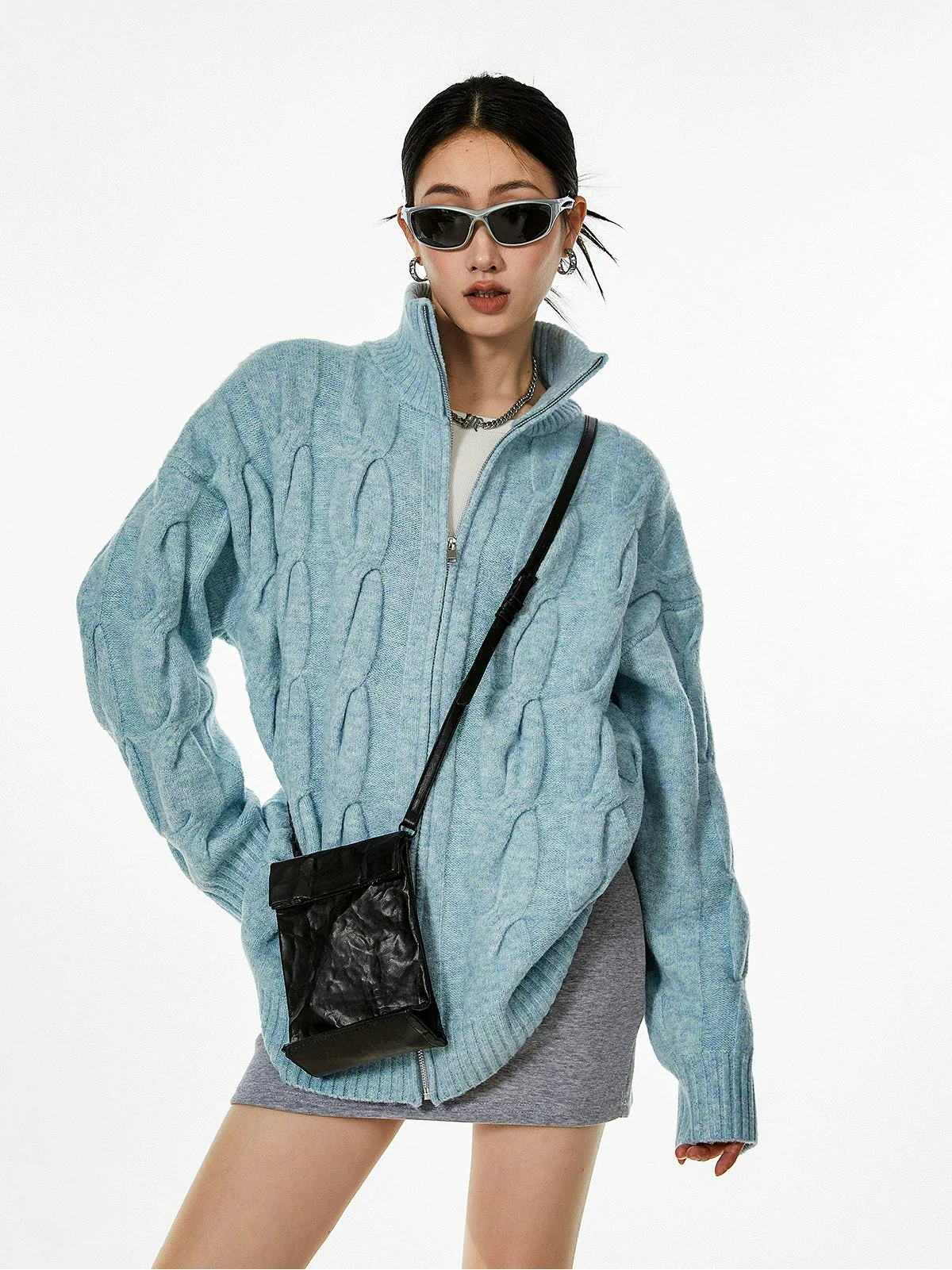 Ribbed Trim Cable Knit Pattern Zip Jacket - Image 4