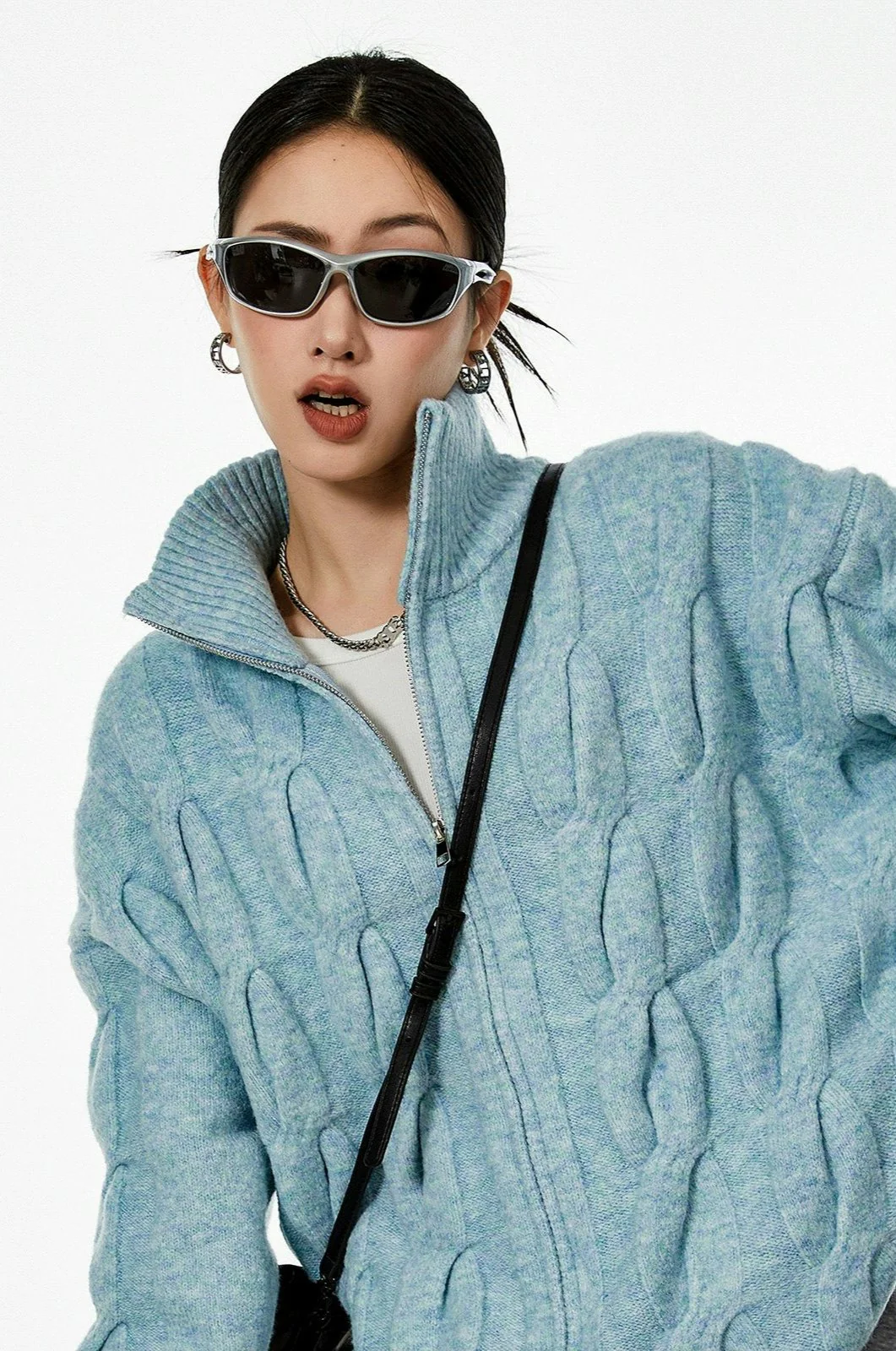 Ribbed Trim Cable Knit Pattern Zip Jacket - Image 5