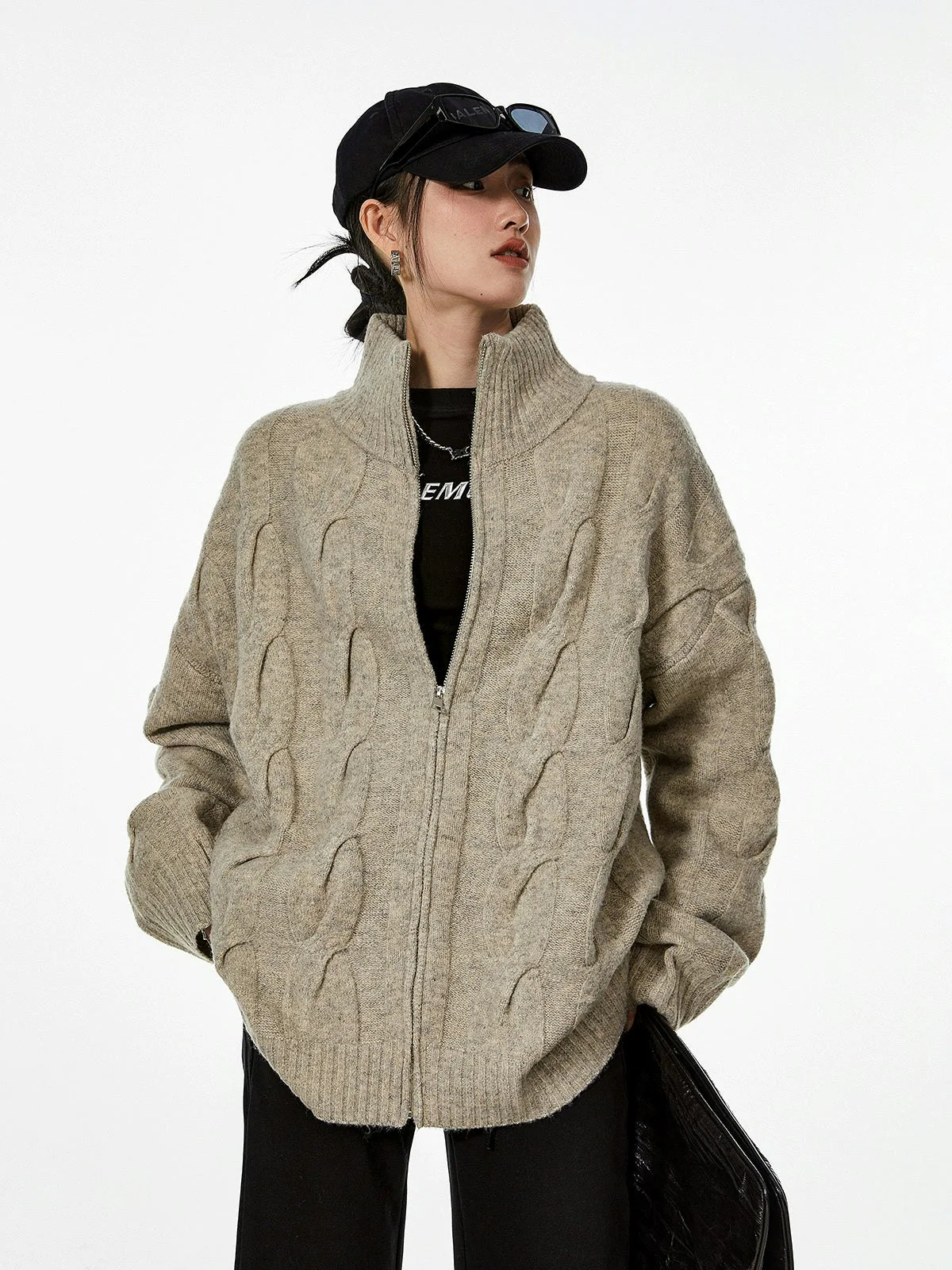 Ribbed Trim Cable Knit Pattern Zip Jacket - Image 7