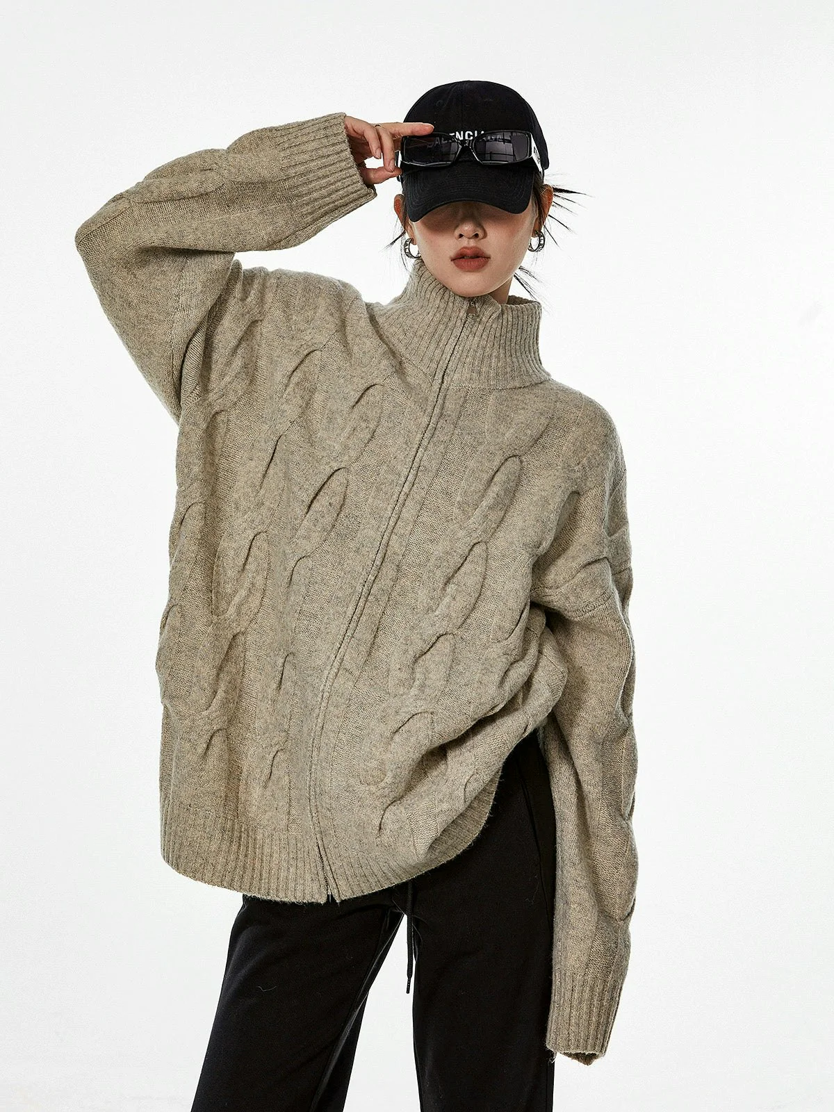 Ribbed Trim Cable Knit Pattern Zip Jacket - Image 8