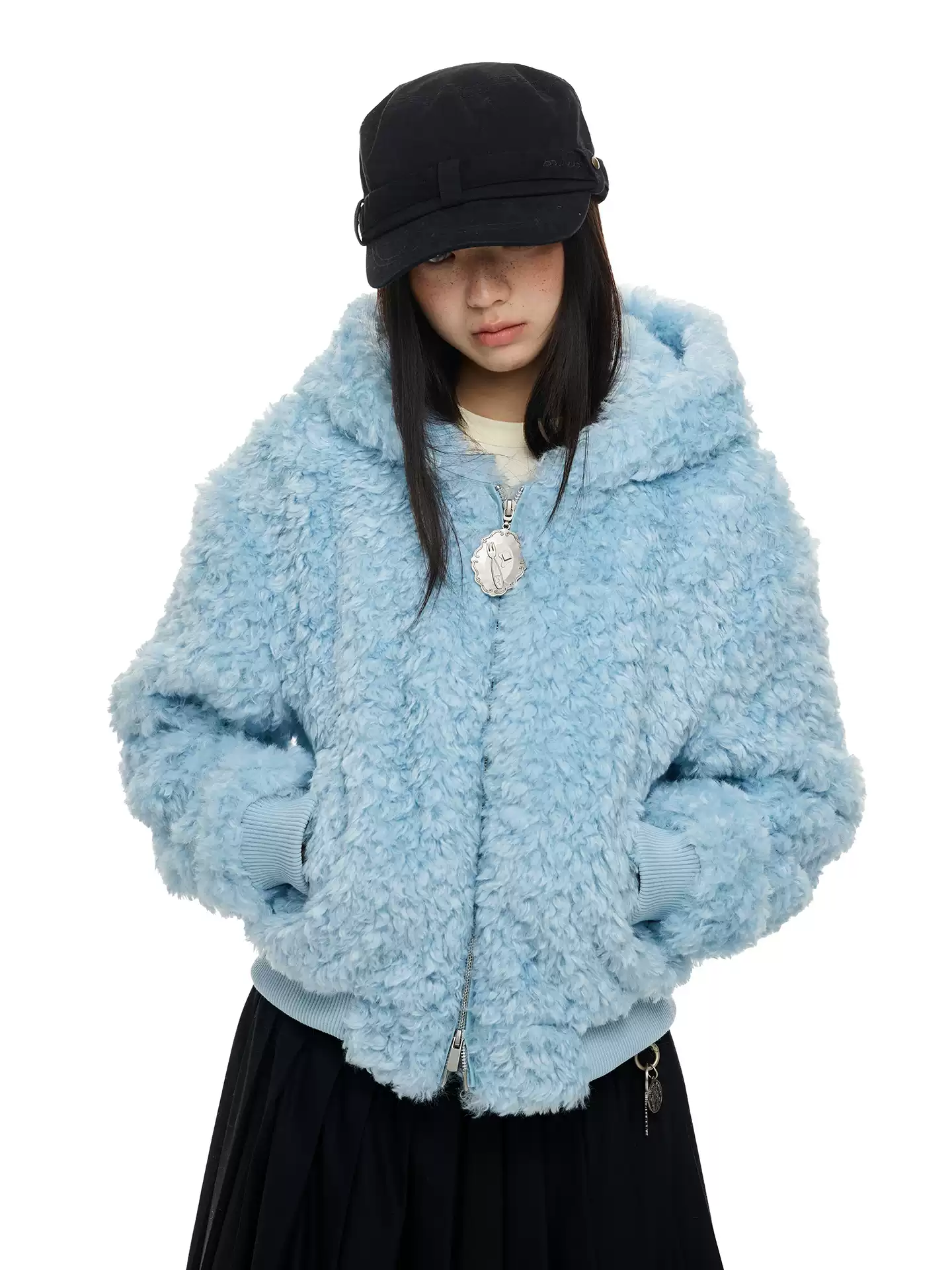 Ribbed Trim Hoodie Faux Shearling Zip-Up Jacket - Image 7