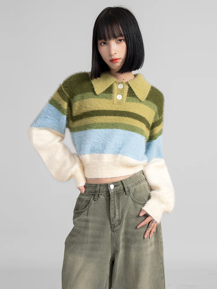Ribbed Trim Stripe Cropped Fuzzy Sweater - Image 2