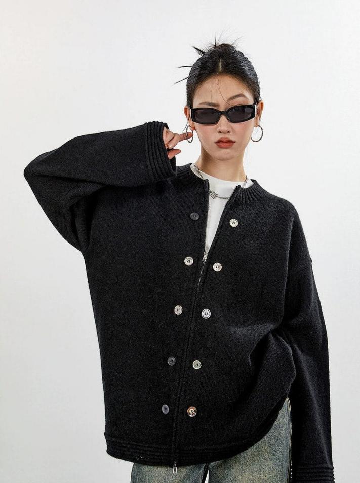 Ribbed Trim Zip-up Cardigan with Button Details - Image 12