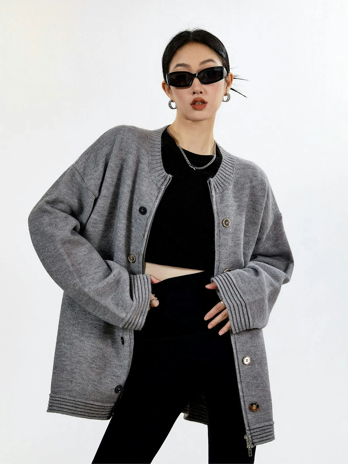 Ribbed Trim Zip-up Cardigan with Button Details - Image 20