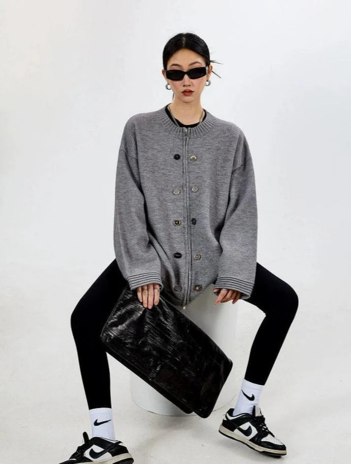 Ribbed Trim Zip-up Cardigan with Button Details - Image 26