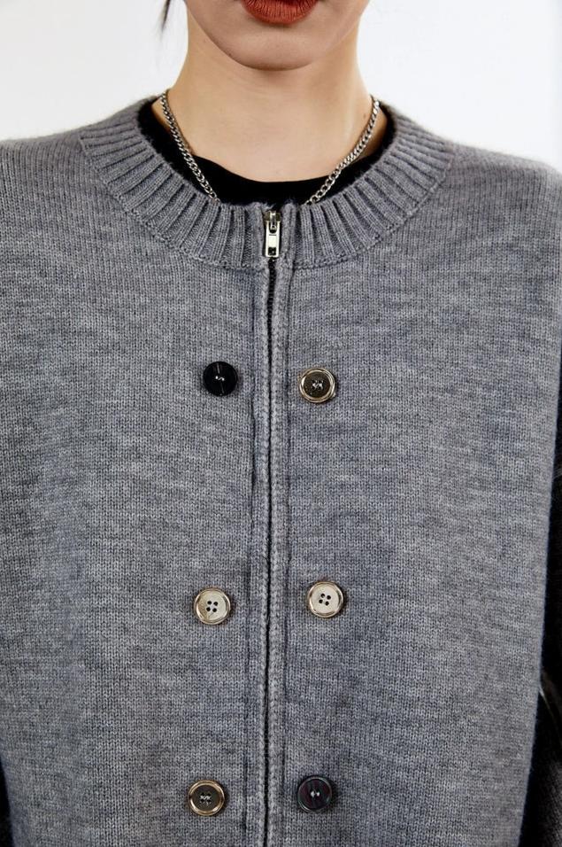 Ribbed Trim Zip-up Cardigan with Button Details - Image 27