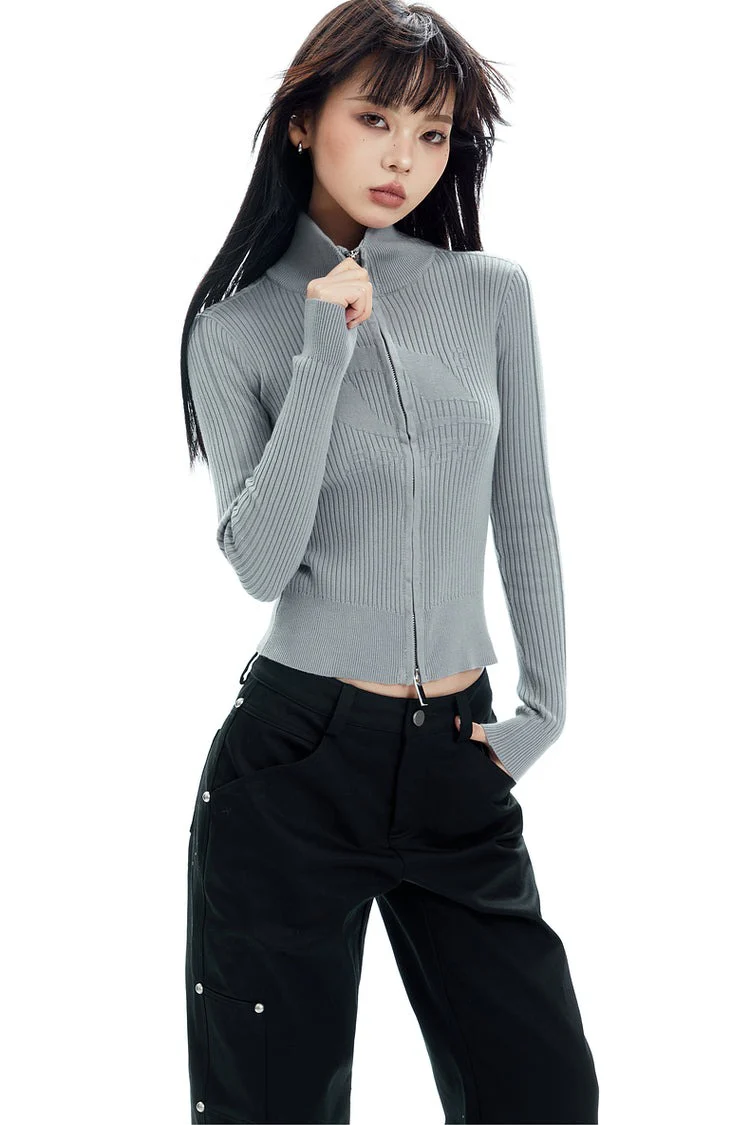 Ribbed Zip-Up Mock Neck Sweater - Image 2