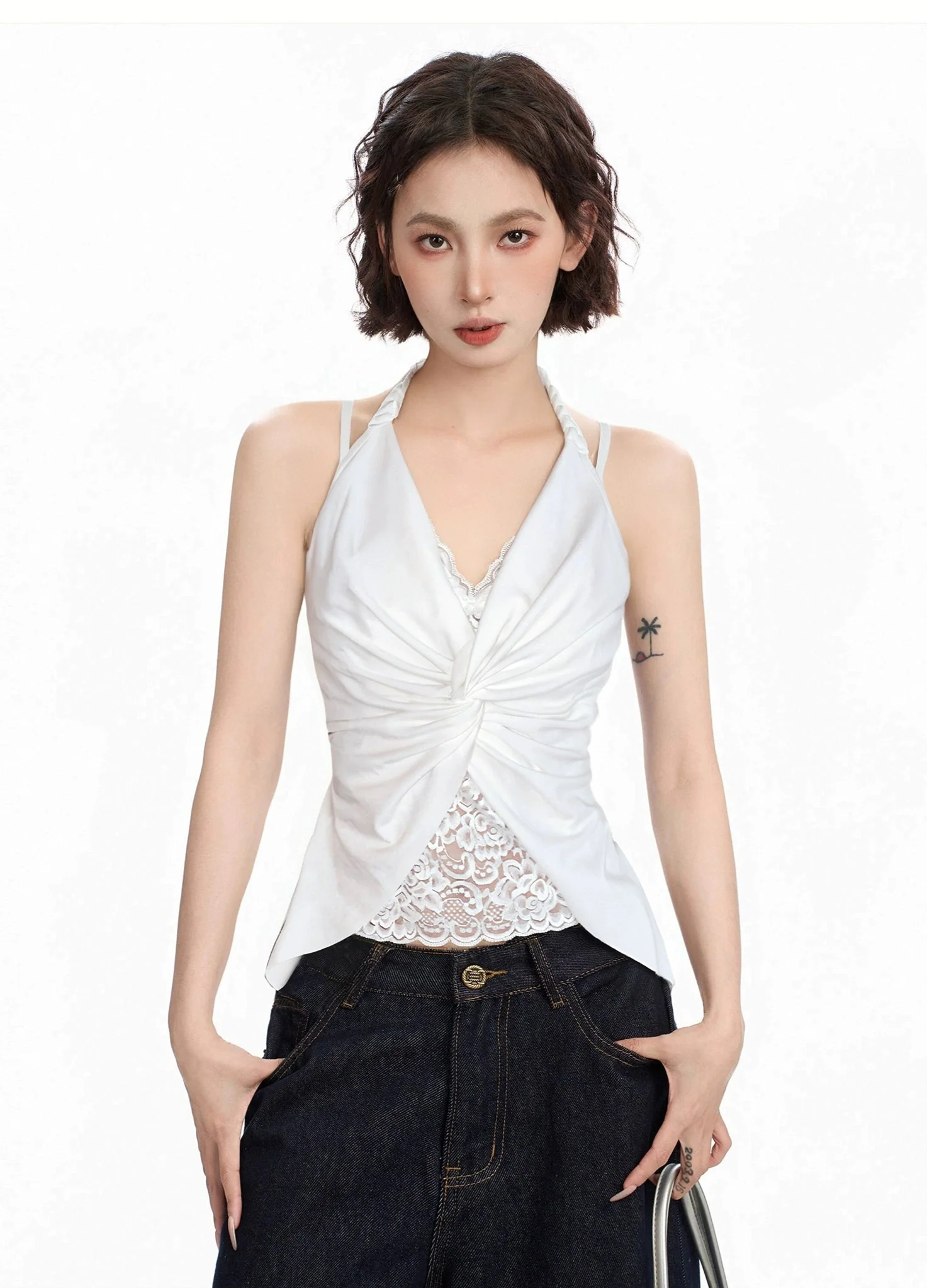 Ruched Halter Top with Lace Layer and Twist Front