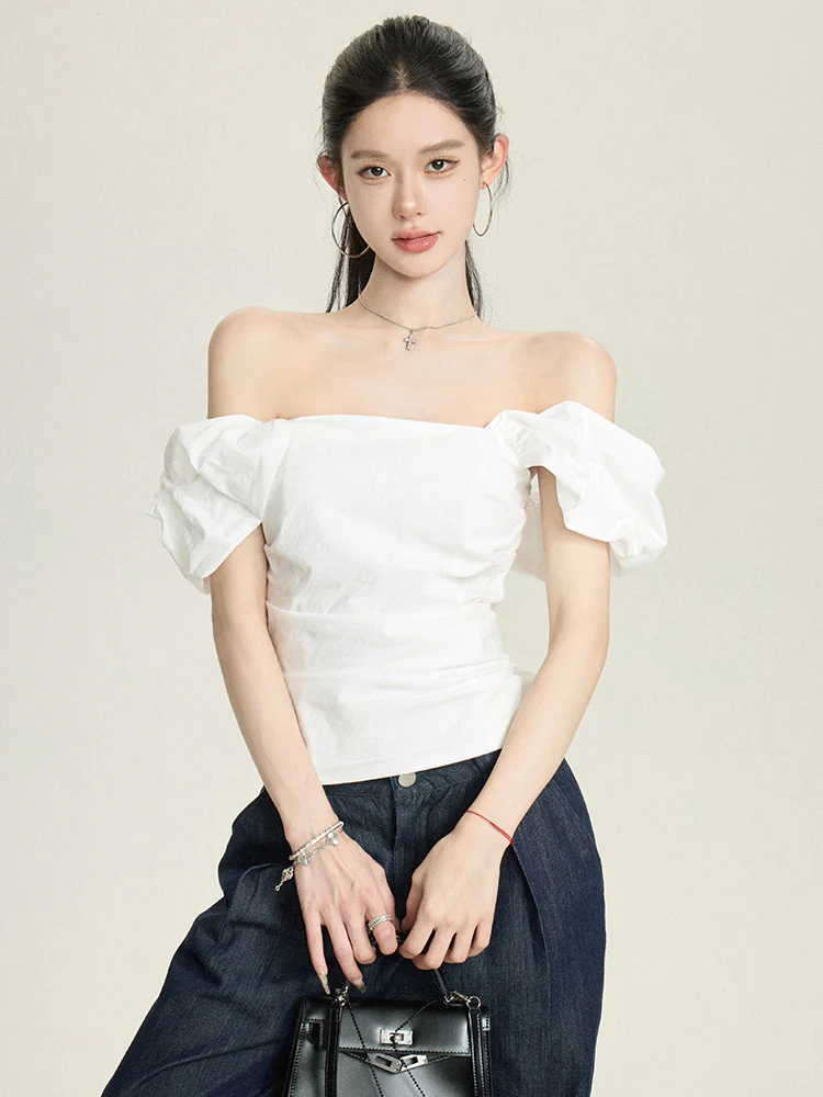 Ruched Side Off Shoulder Puff-Sleeve Top - Image 4