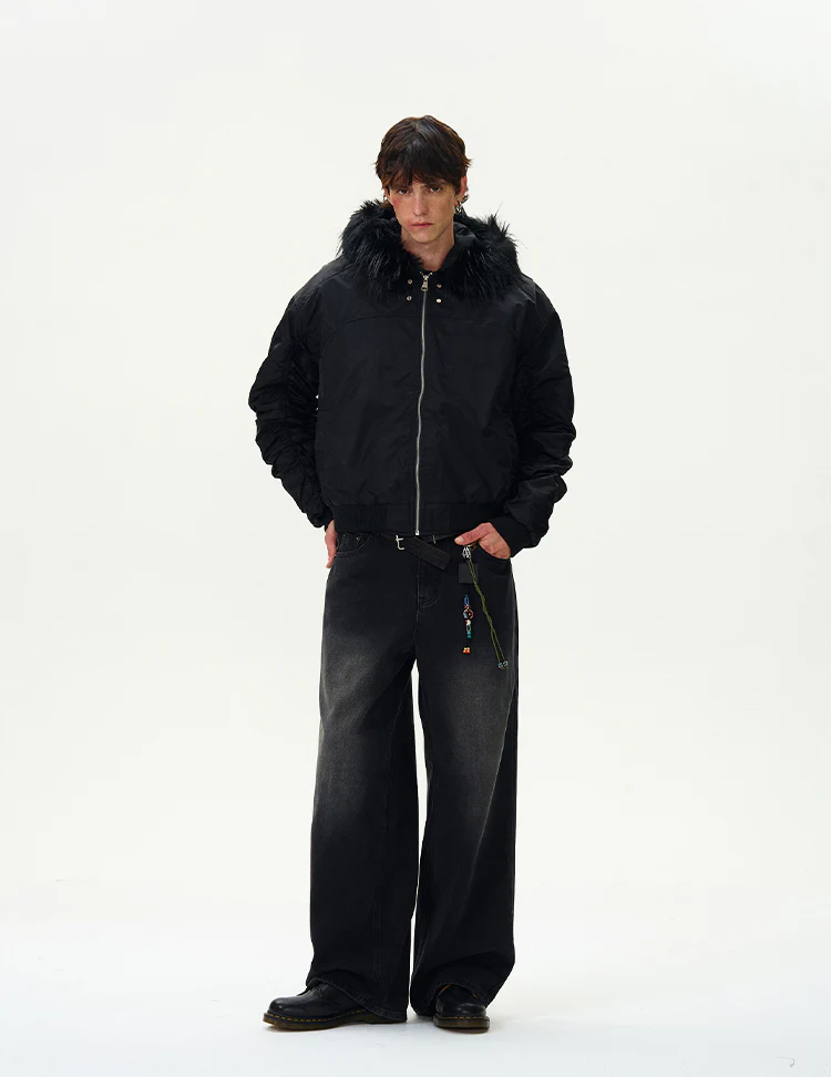 Ruched Sleeve Faux Fur Hooded Bomber Jacket - Image 10