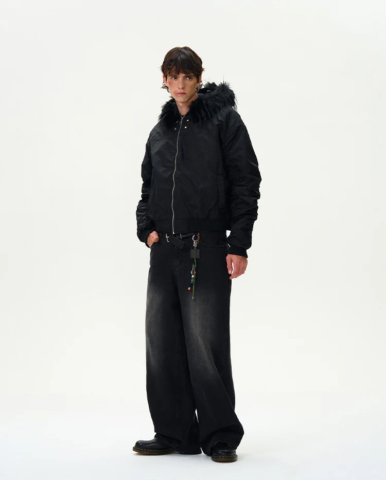 Ruched Sleeve Faux Fur Hooded Bomber Jacket - Image 11