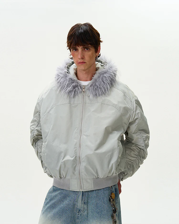 Ruched Sleeve Faux Fur Hooded Bomber Jacket - Image 2