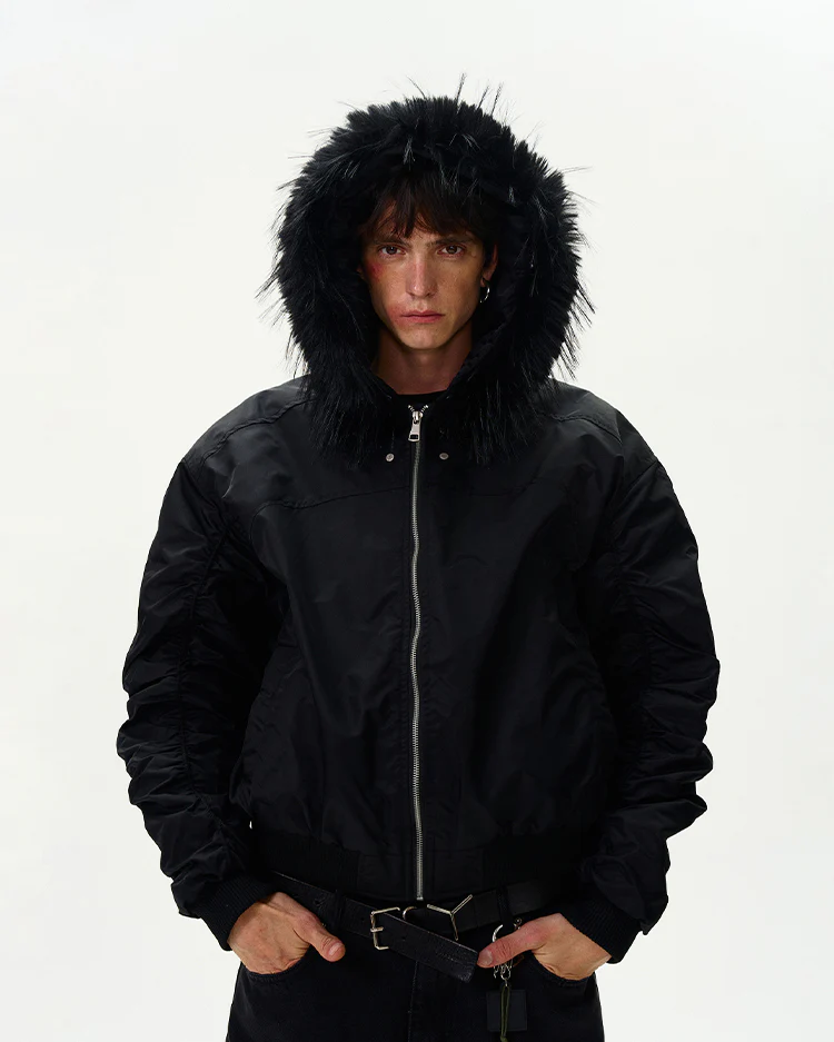 Ruched Sleeve Faux Fur Hooded Bomber Jacket - Image 6
