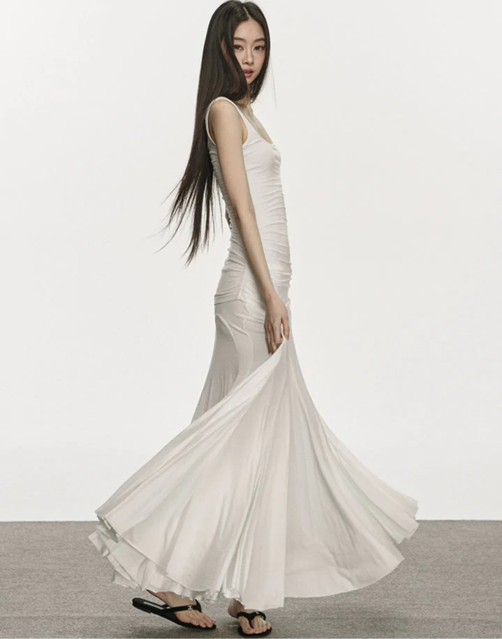 Ruched Spaghetti Strap Maxi Dress with Flared Hem - Image 3