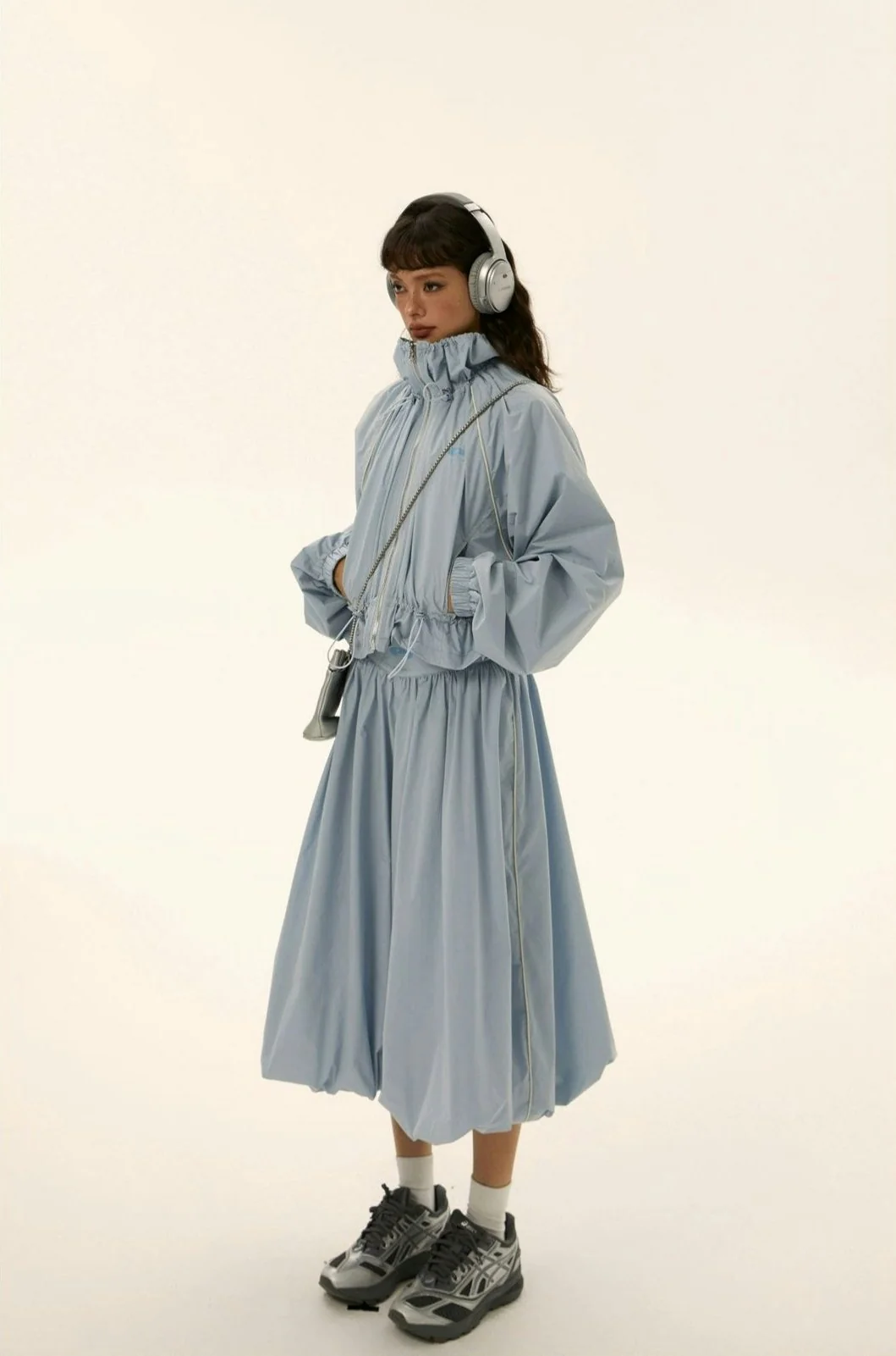 Ruched Windbreaker Track Jacket and Balloon Midi Skirt Two Piece-Set - Image 5