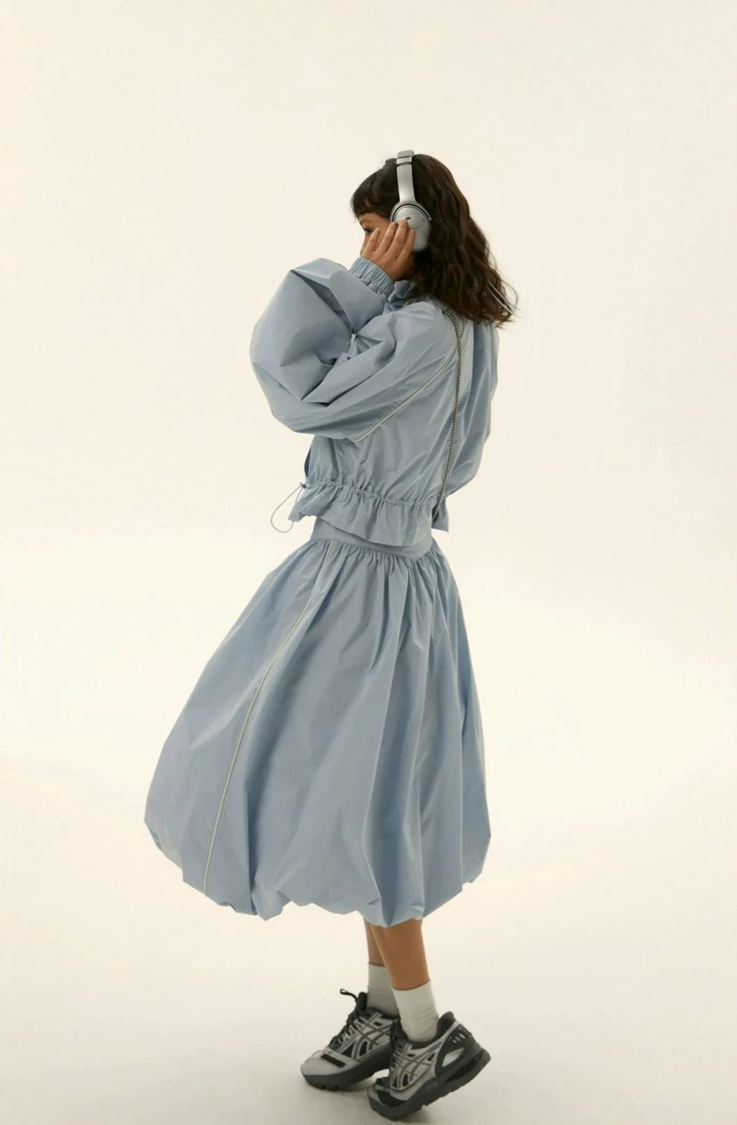 Ruched Windbreaker Track Jacket and Balloon Midi Skirt Two Piece-Set - Image 8