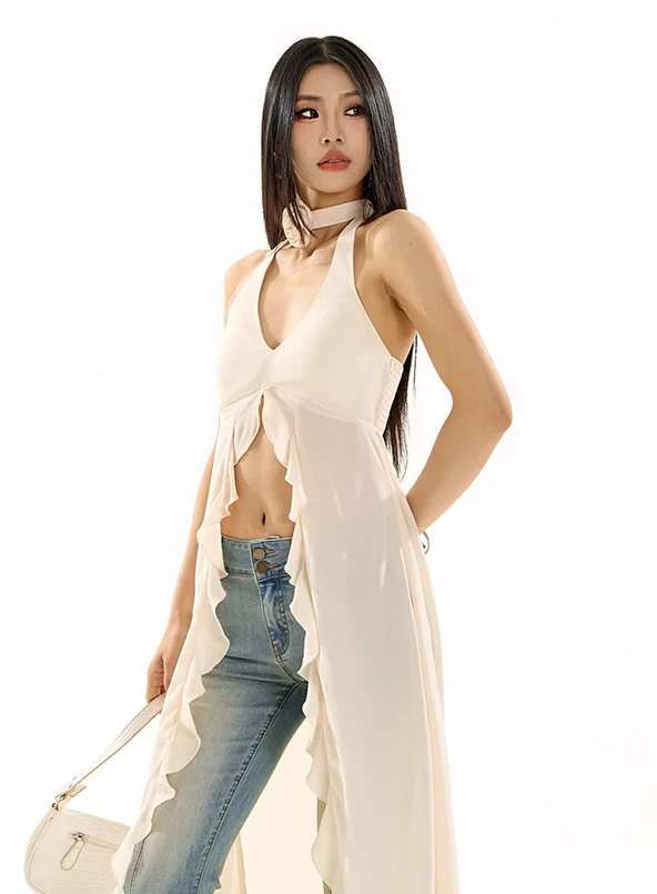 Ruffle Trim Slit Longline Halter Top with Flower Choker Detail - Image 17
