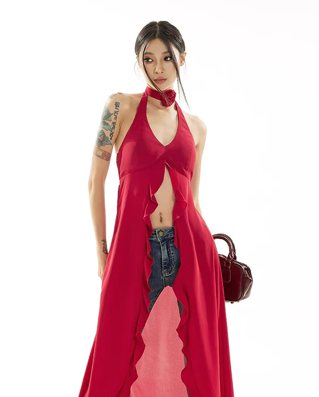 Ruffle Trim Slit Longline Halter Top with Flower Choker Detail - Image 7