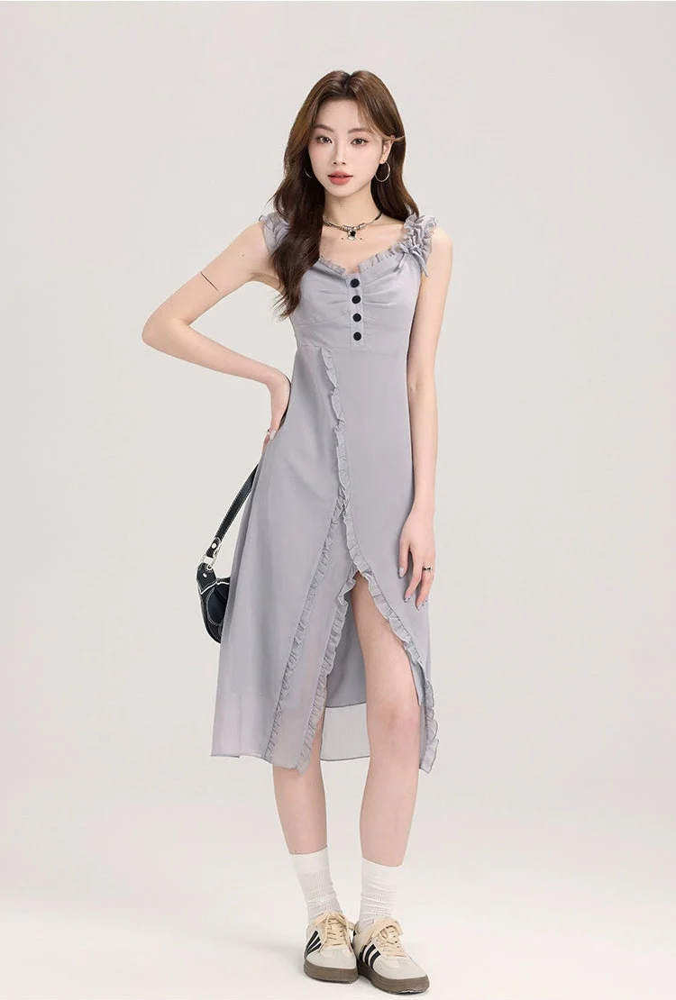 Ruffled Strap Sleeve Midi Dress with Side Slit - Image 3