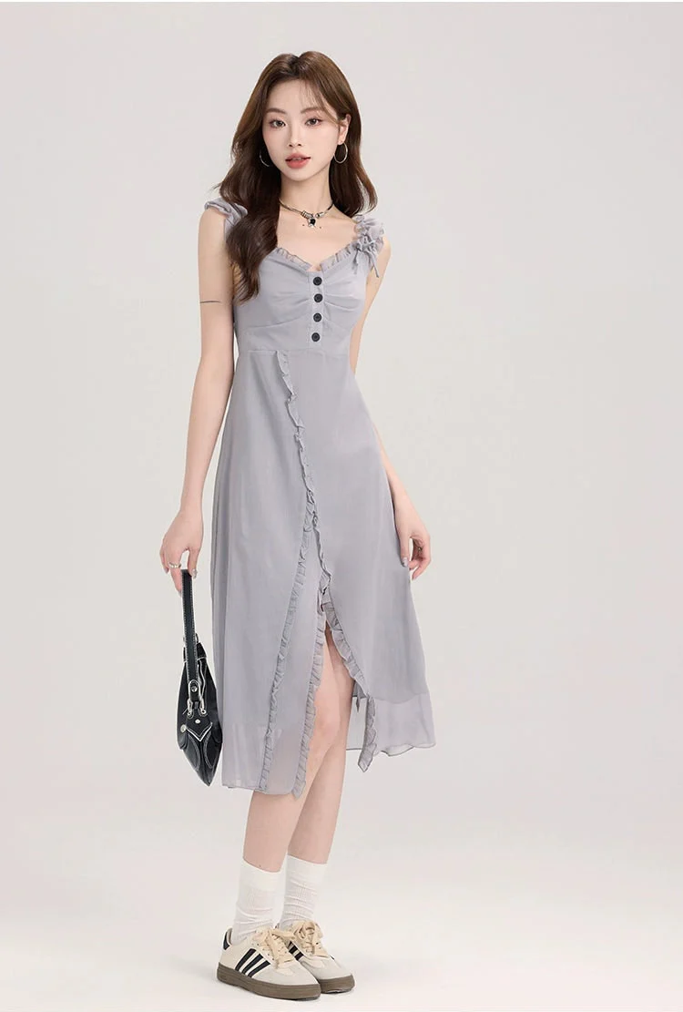 Ruffled Strap Sleeve Midi Dress with Side Slit - Image 4