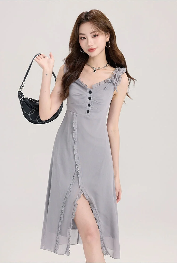 Ruffled Strap Sleeve Midi Dress with Side Slit - Image 9