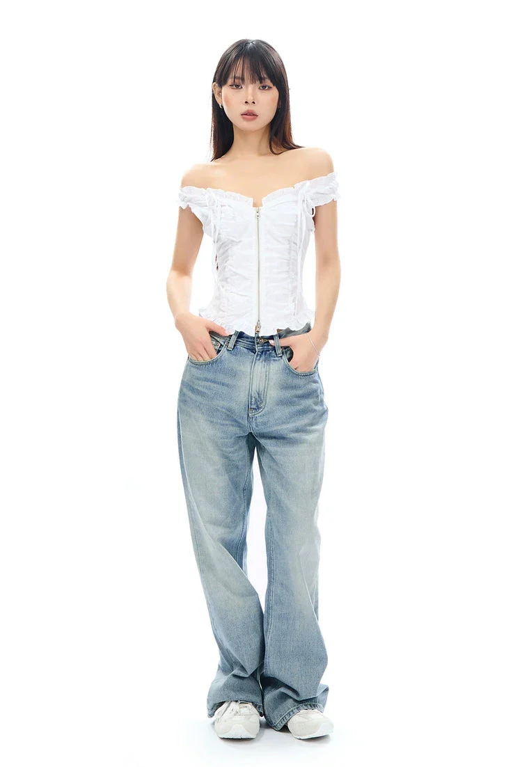 Ruffled Off-Shoulder Ruched Zip-Up Top - Image 6
