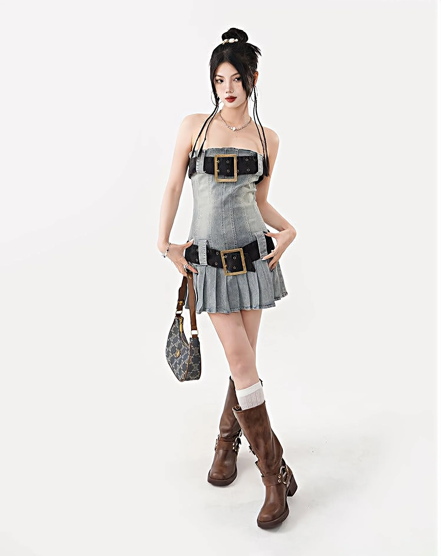 Sandblast Denim Kilt Mini Tube Dress - Image 12