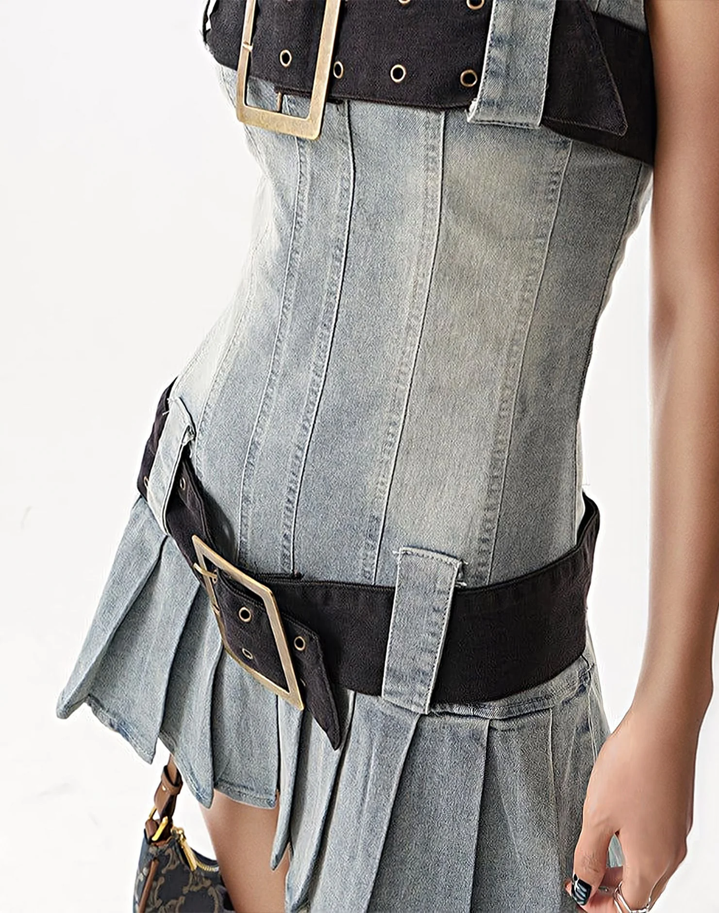Sandblast Denim Kilt Mini Tube Dress - Image 5