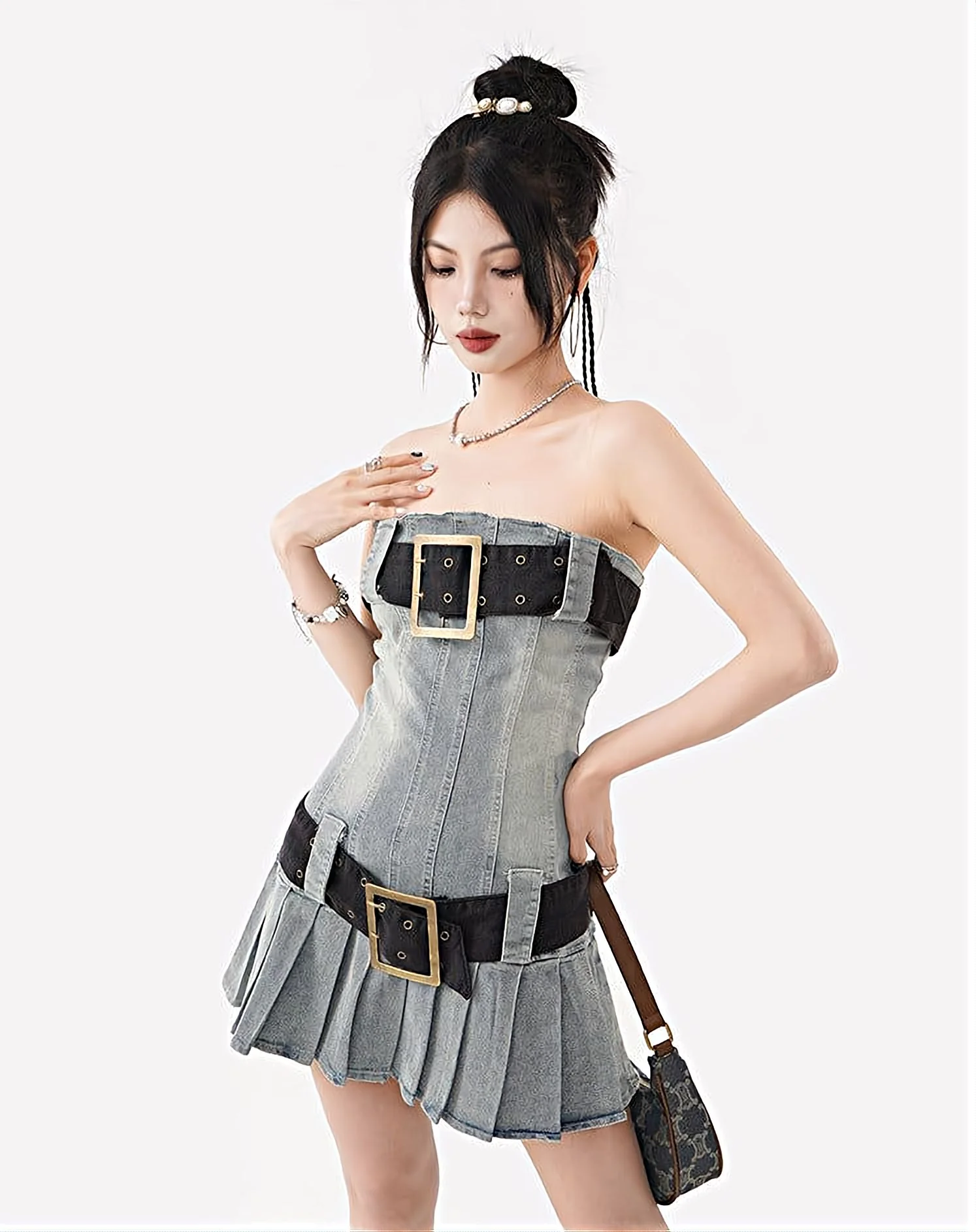 Sandblast Denim Kilt Mini Tube Dress - Image 8