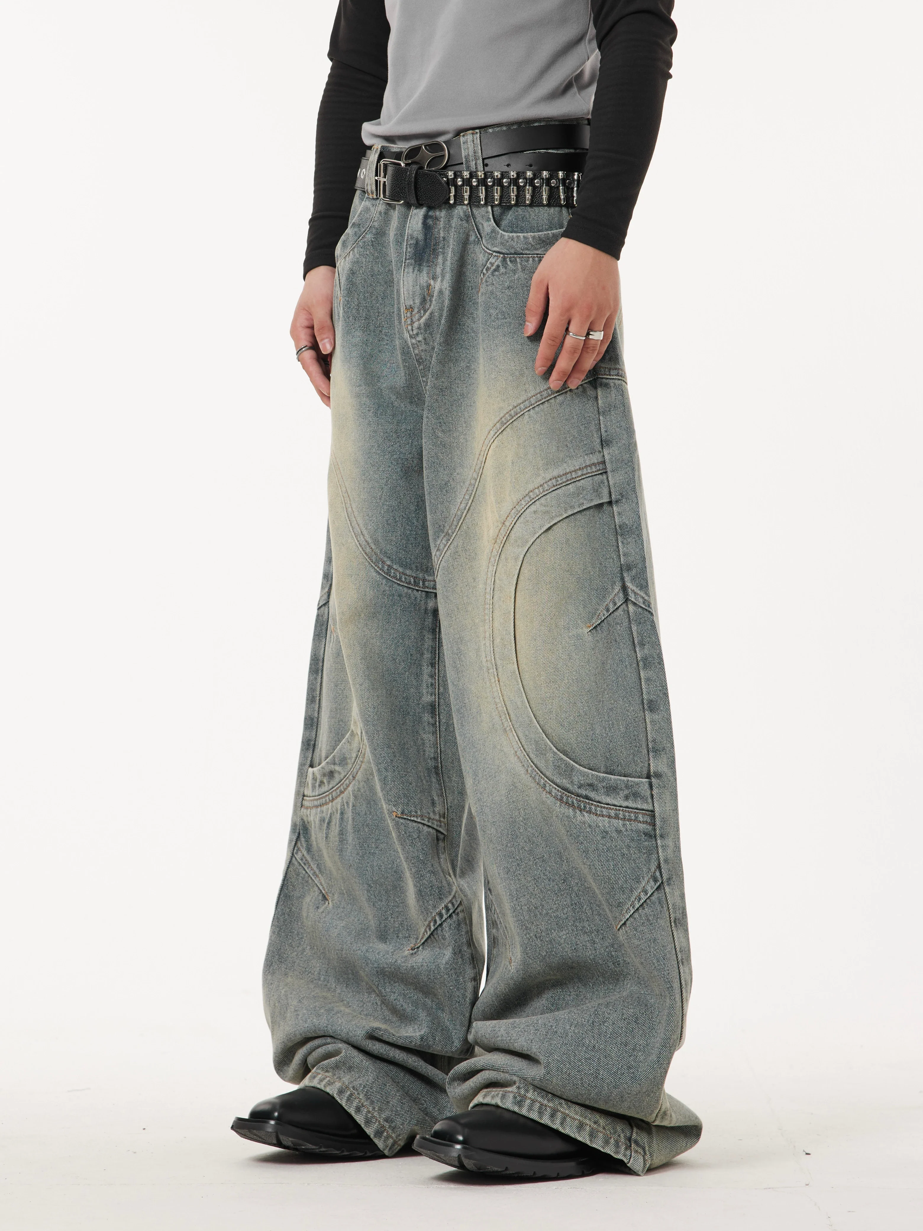 Sandblast Faded Wave-Curve Stitch Wide Leg Jeans - Image 2