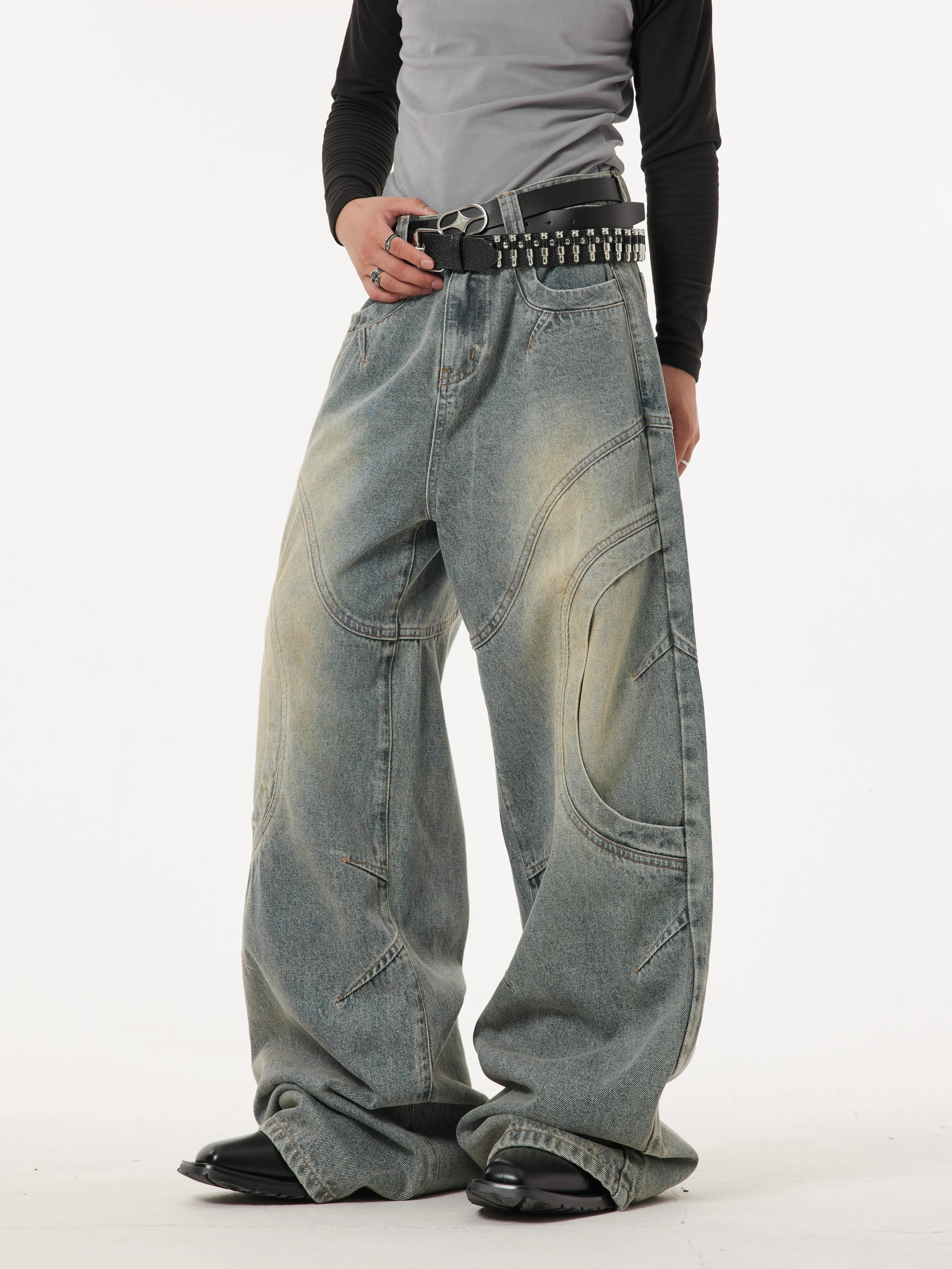 Sandblast Faded Wave-Curve Stitch Wide Leg Jeans - Image 3