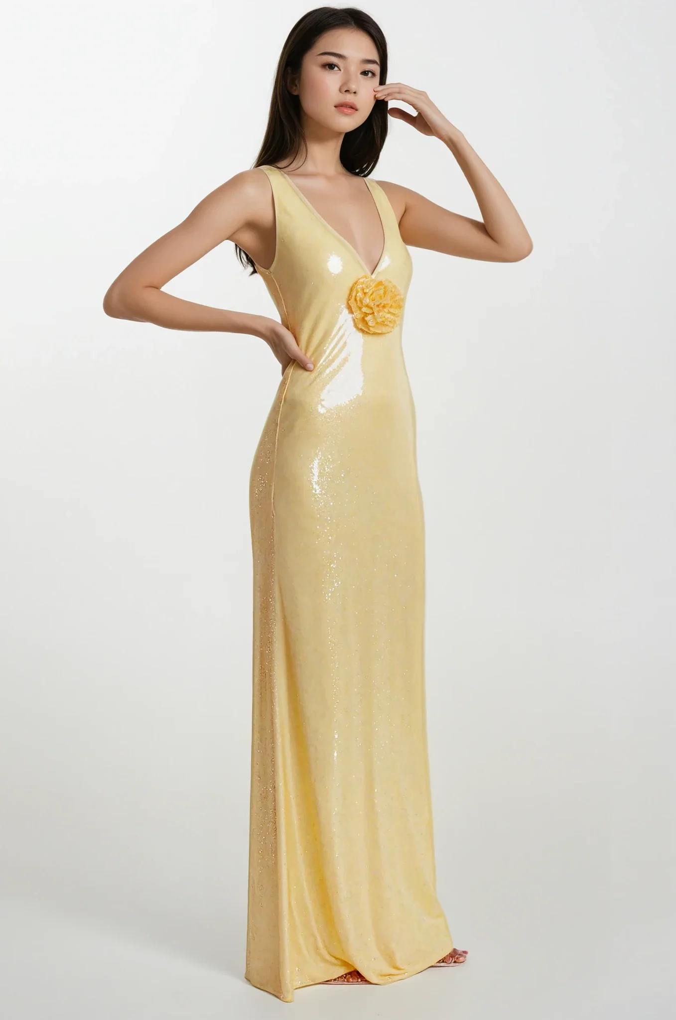 Sequin Bodycon Maxi Dress with Flower Applique Detail - Image 14