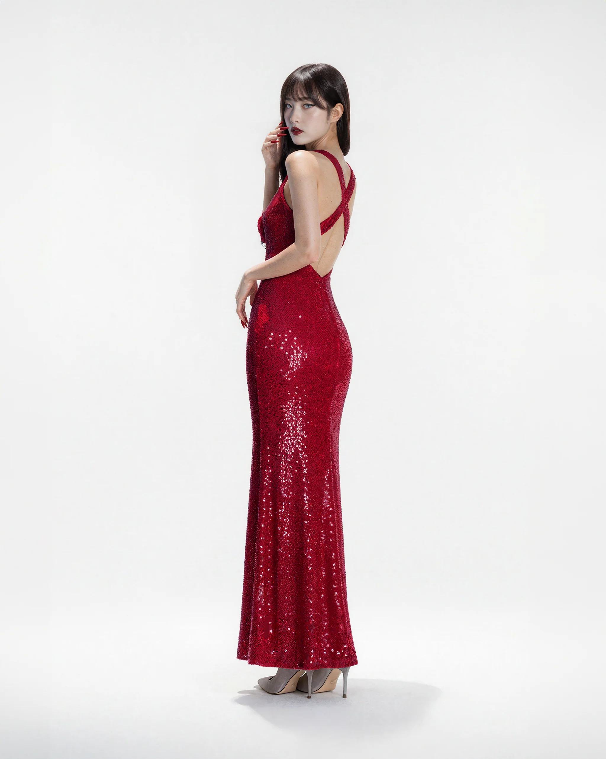 Sequin Bodycon Maxi Dress with Flower Applique Detail - Image 8