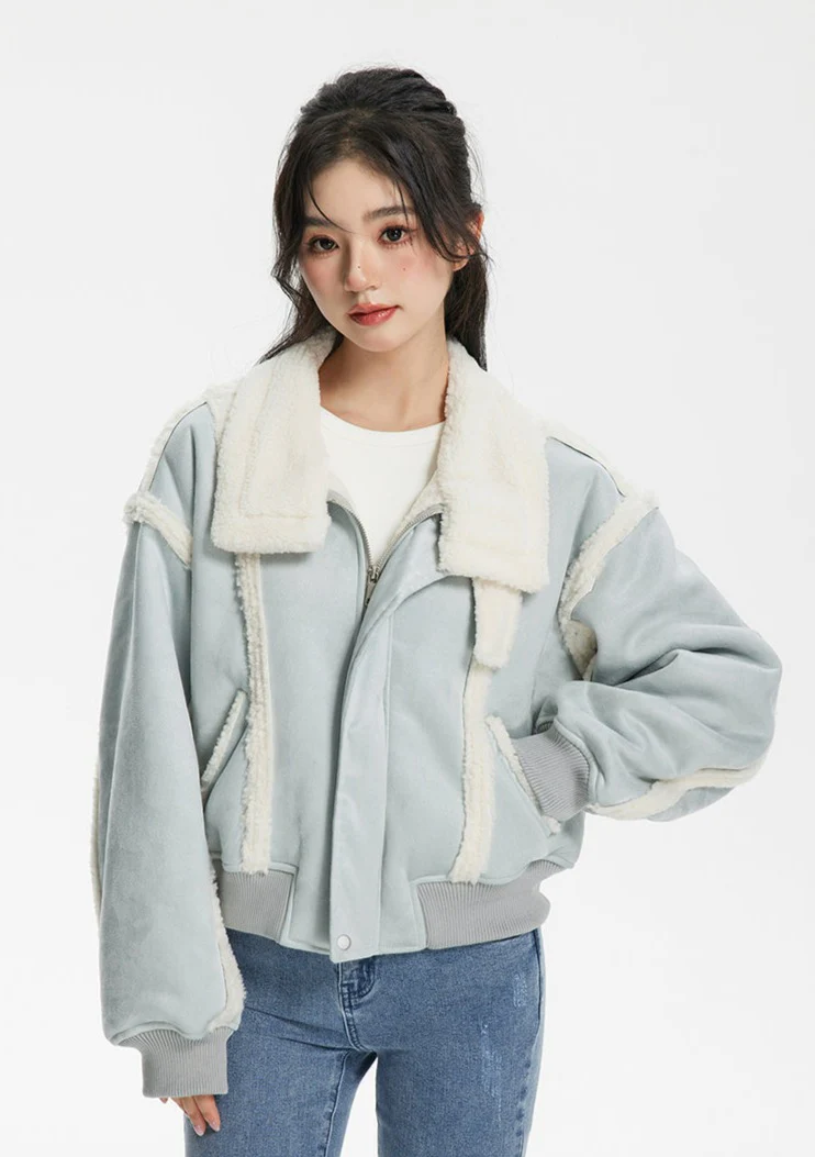 Shearling High Neck Cropped Jacket - Image 2
