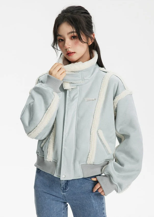 Shearling High Neck Cropped Jacket - Image 3