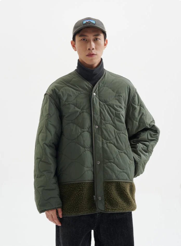 Shearling Patchwork Quilted Snap Button Jacket - Image 11