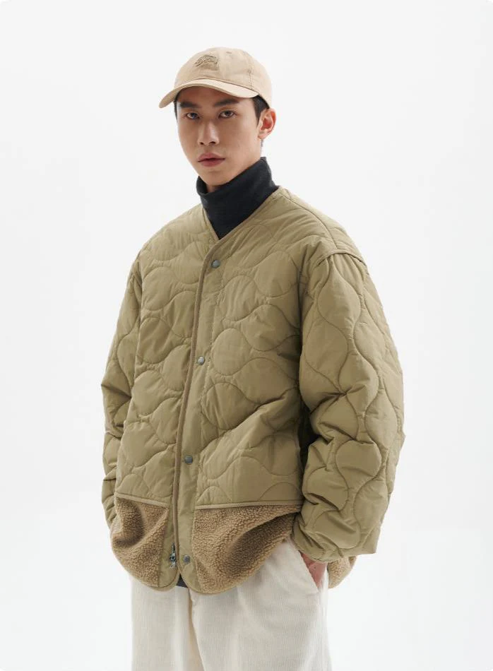 Shearling Patchwork Quilted Snap Button Jacket - Image 3