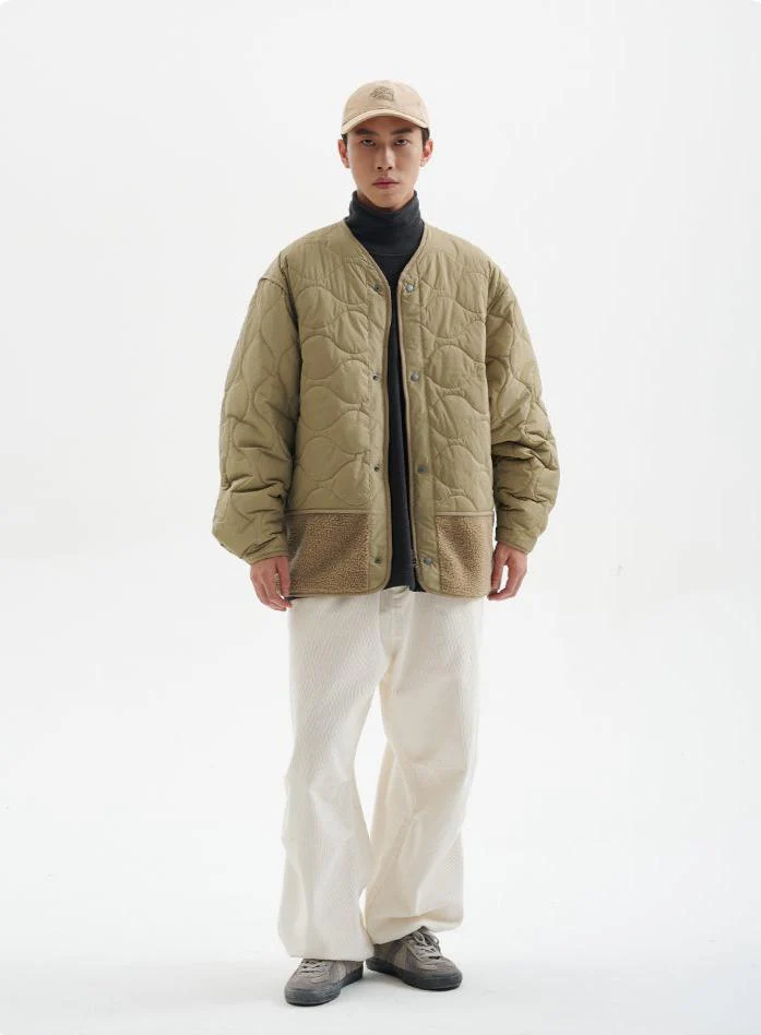 Shearling Patchwork Quilted Snap Button Jacket - Image 6