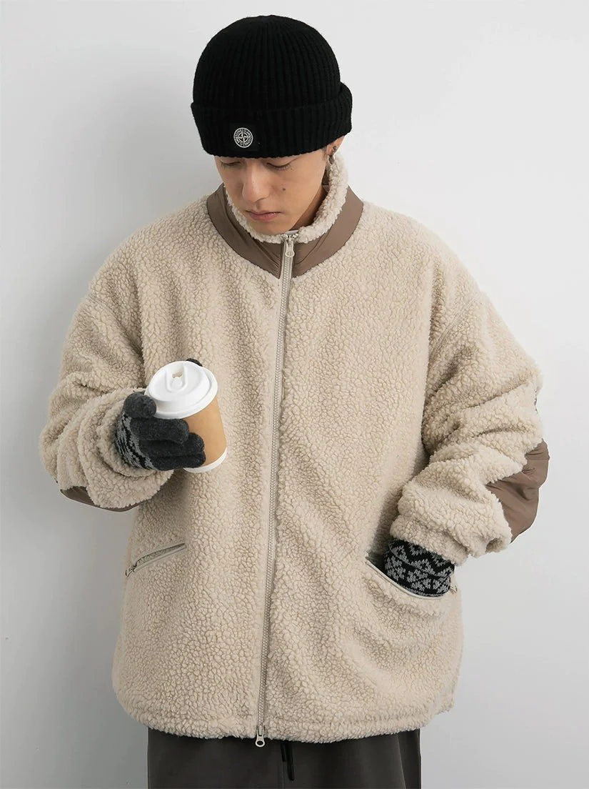 Shearling Zip-Up Lightweight Jacket with Contrast Patchwork - Image 2
