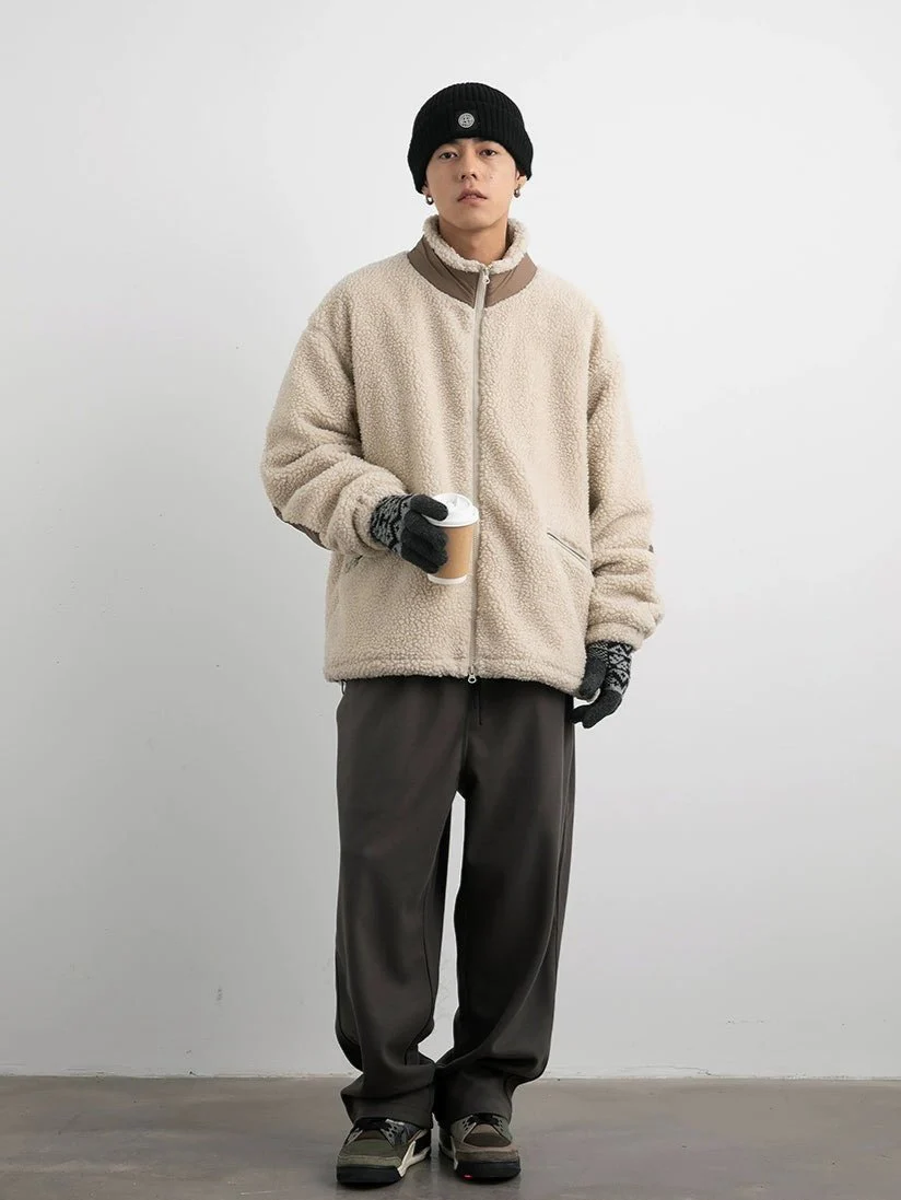 Shearling Zip-Up Lightweight Jacket with Contrast Patchwork - Image 5