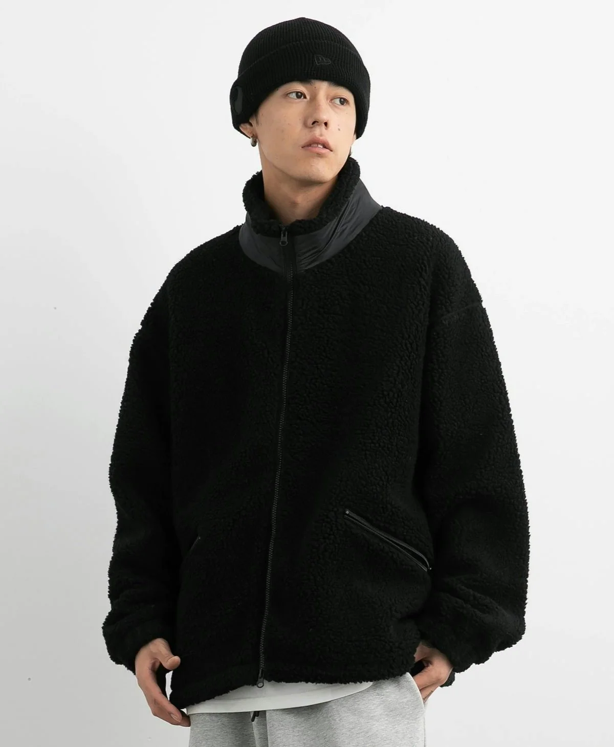 Shearling Zip-Up Lightweight Jacket with Contrast Patchwork - Image 7