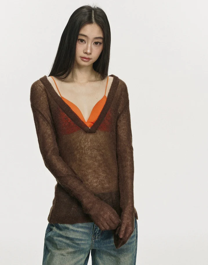 Sheer Knit Deep V-Neck Long Sleeve Top - Image 10