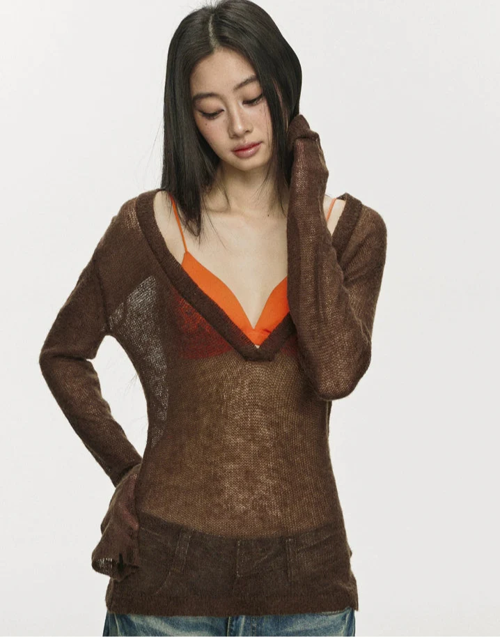 Sheer Knit Deep V-Neck Long Sleeve Top - Image 11