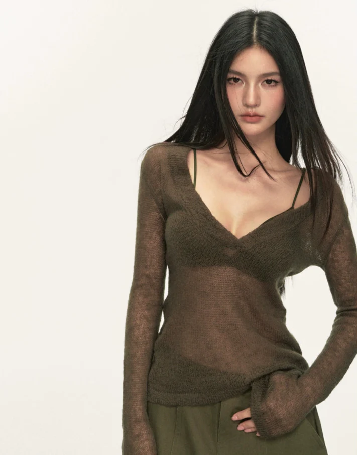 Sheer Knit Deep V-Neck Long Sleeve Top - Image 4